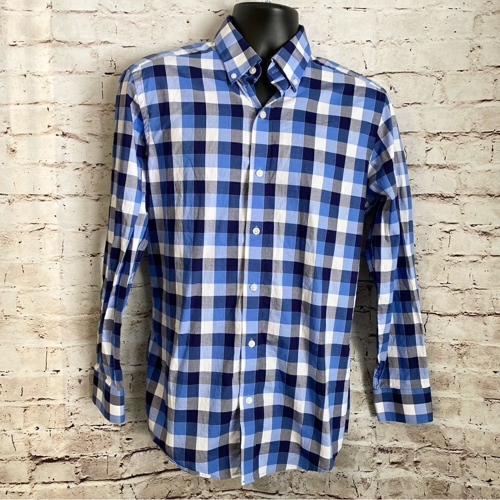 Buttoned Down Plaid Blue White Long Sleeve Button Down Supima Cotton Medium